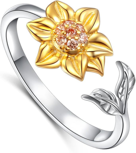 S925 Sterling Silver Sunflower with CZ Ring Adjustable Size 5 6 7 8 9